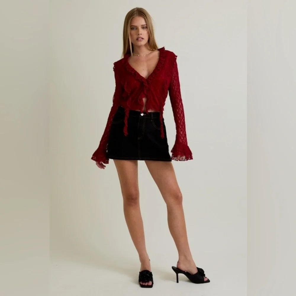 Ruffle Detail Lace V-Neck Top with Bell Sleeves - Le Lis